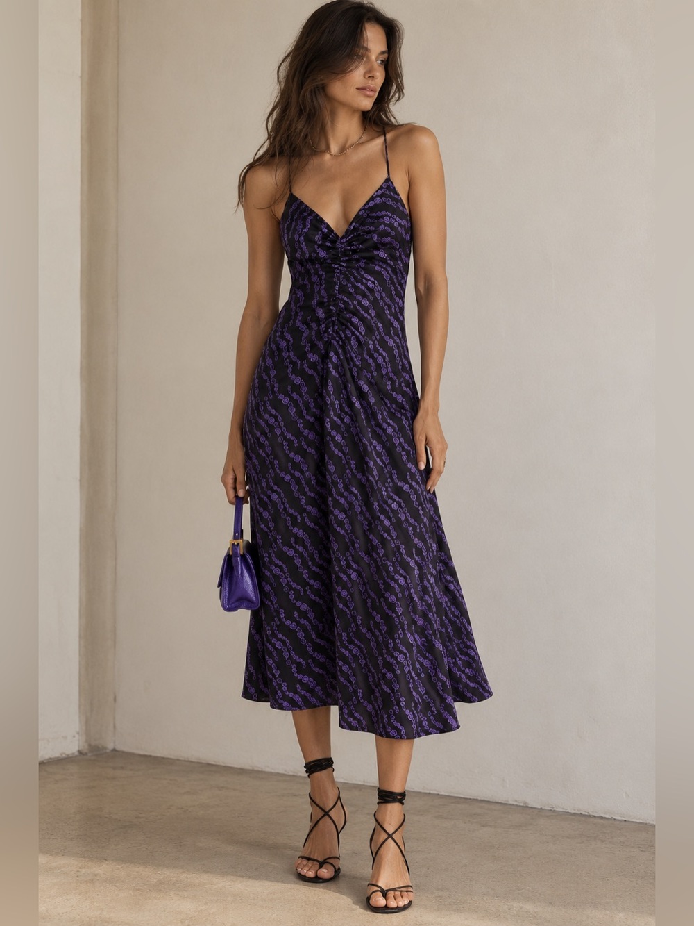 NWT Sandro Thais Black Purple Floral Ruched Crossback Midi Dress FR 40 / US 8